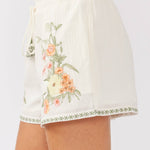 Embroidered Smocked Waist Drawstring Shorts Cream/Coral