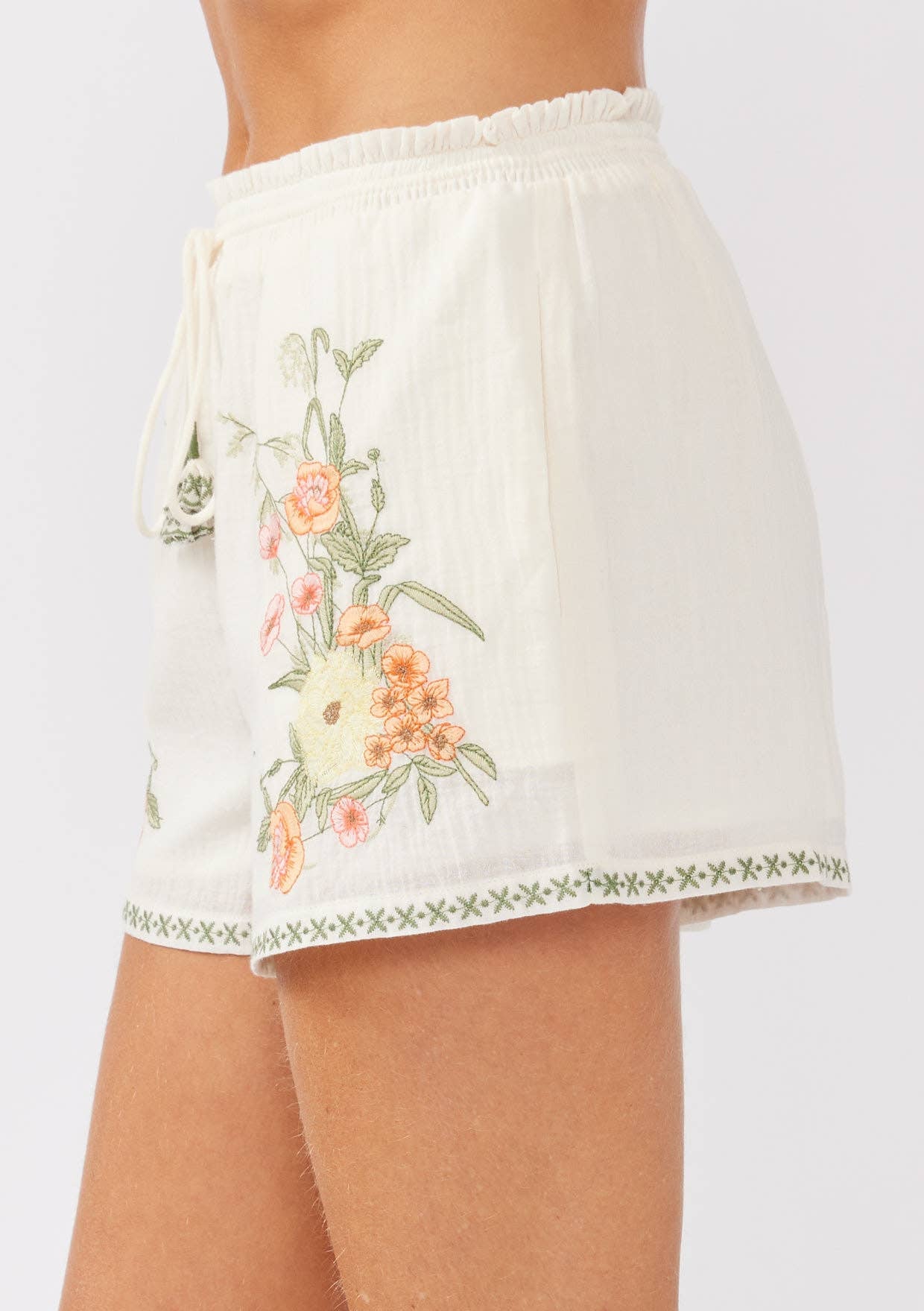 Embroidered Smocked Waist Drawstring Shorts Cream/Coral