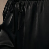 Firelight Satin Lace Hem Pants in Black, drawstring waist detail