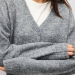HGREY 5 close up of heather grey fuzzy knit and V neckline