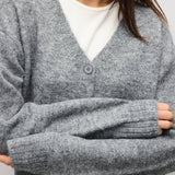 HGREY 5 close up of heather grey fuzzy knit and V neckline