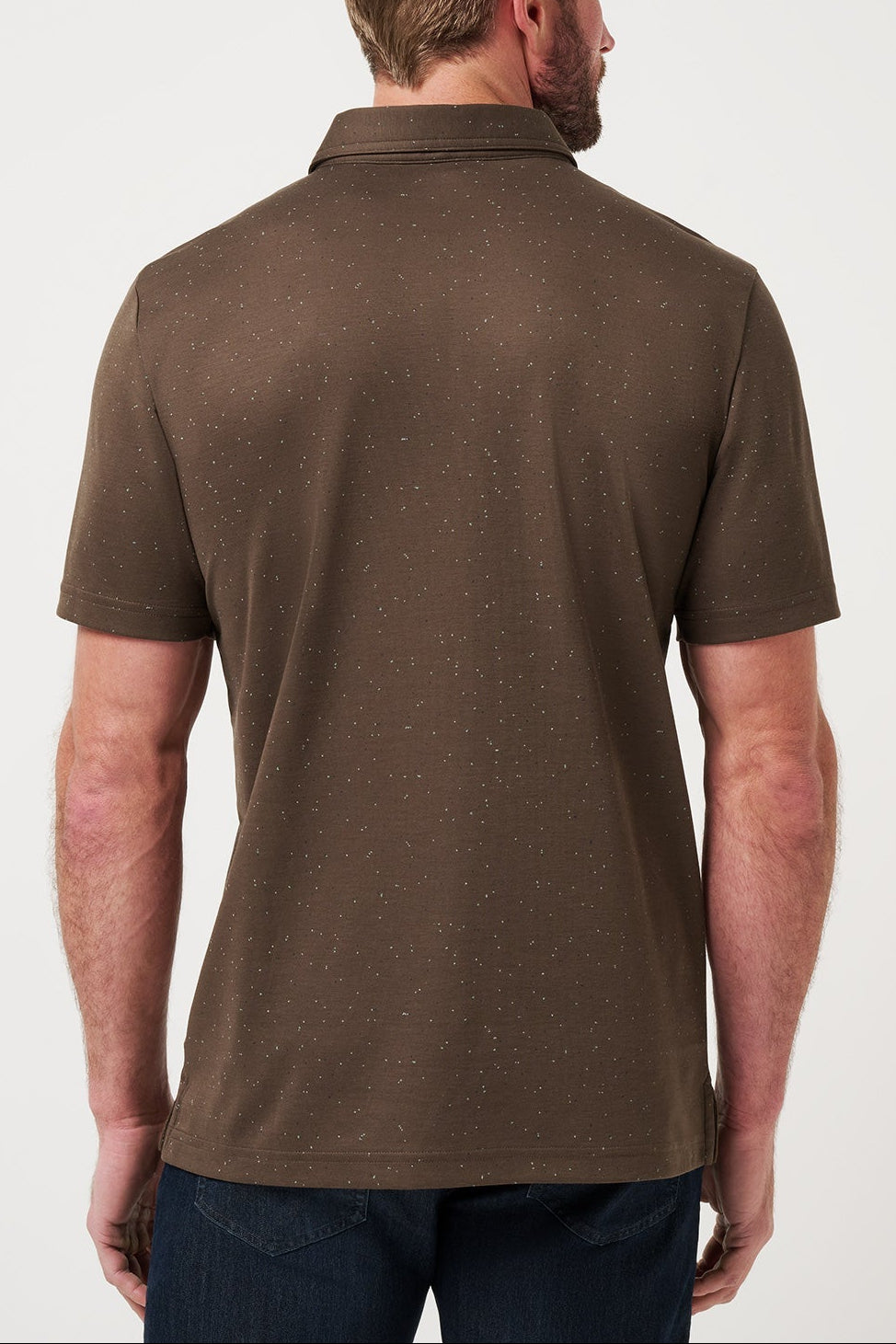 Man wearing a brown polo shirt on a white background