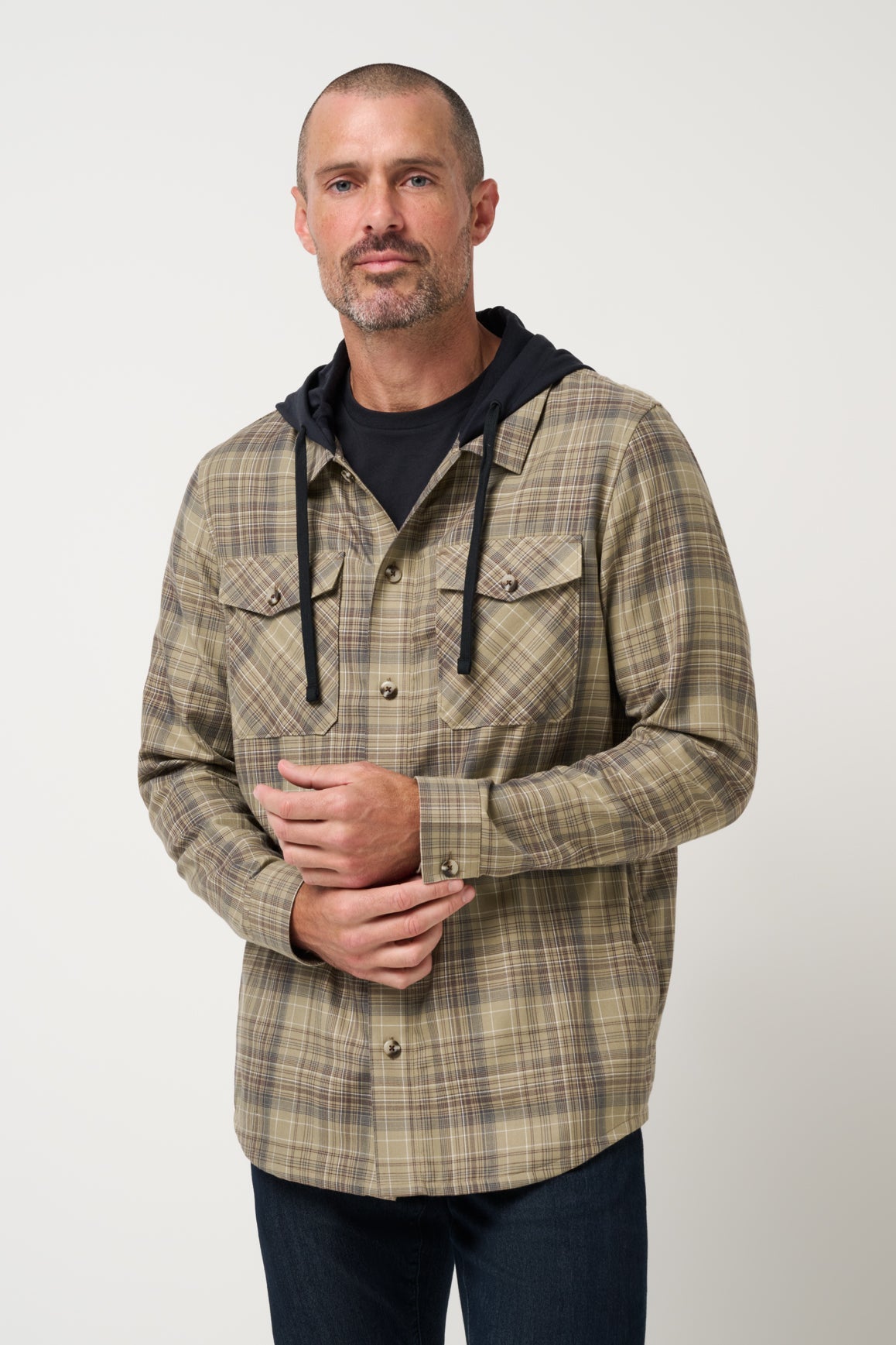 Travis Mathew Cloud Flannel Hooded Button-Up in Roasted Cashew