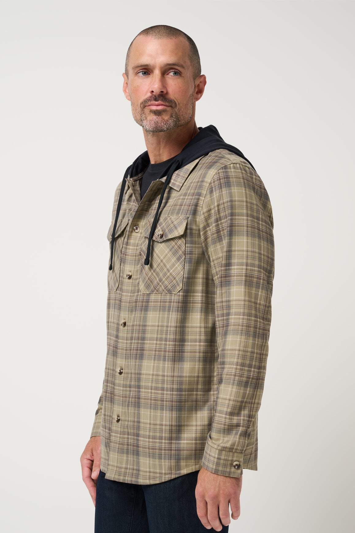 Travis Mathew Cloud Flannel Hooded Button-Up in Roasted Cashew