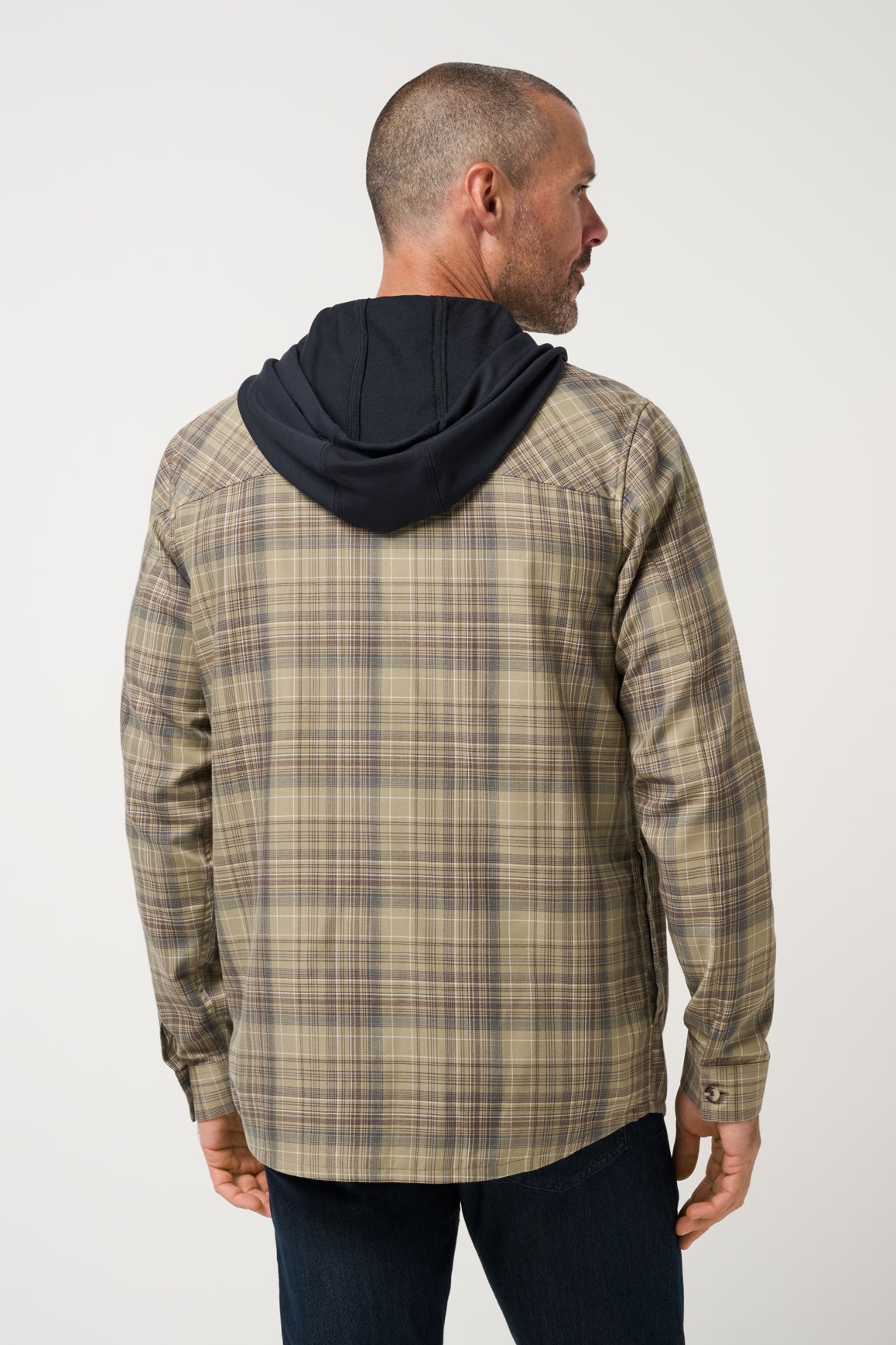 Travis Mathew Cloud Flannel Hooded Button-Up in Roasted Cashew