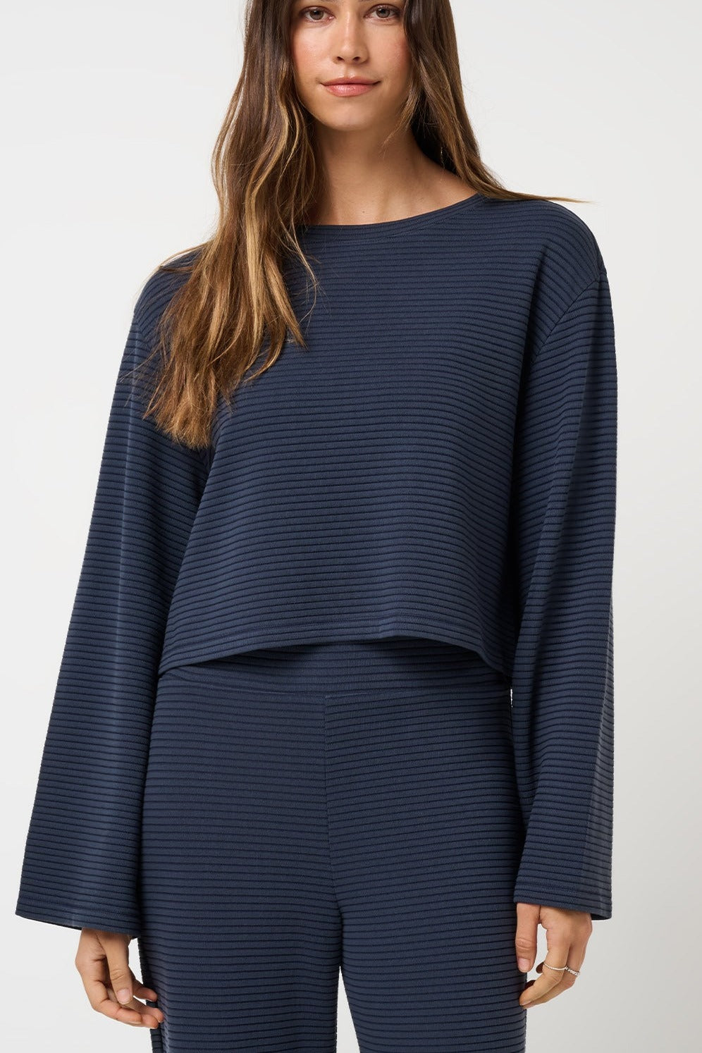 Coastal Rib Long Sleeve Top in Navy Blazer, front view