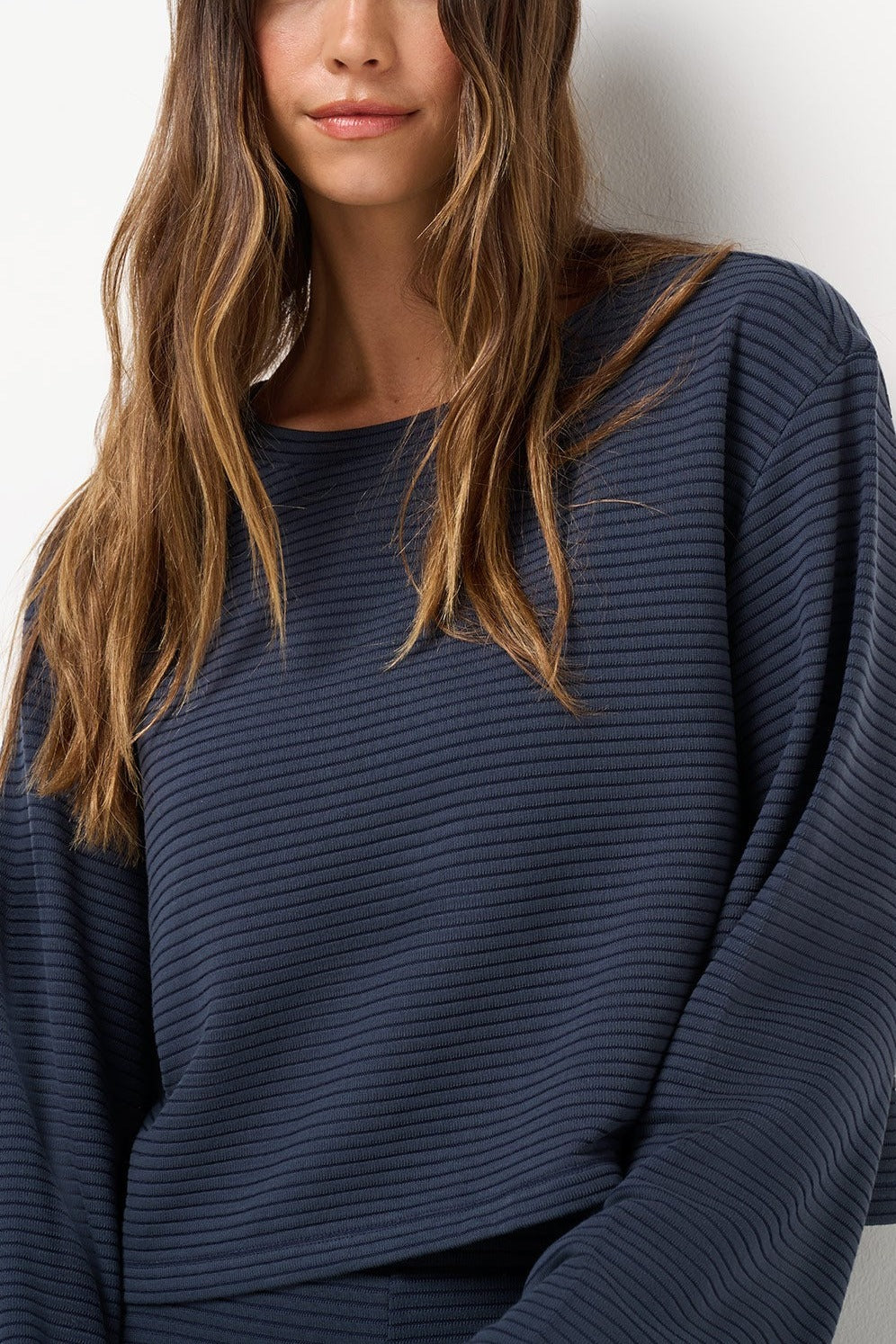 Coastal Rib Long Sleeve Top in Navy Blazer, detail view