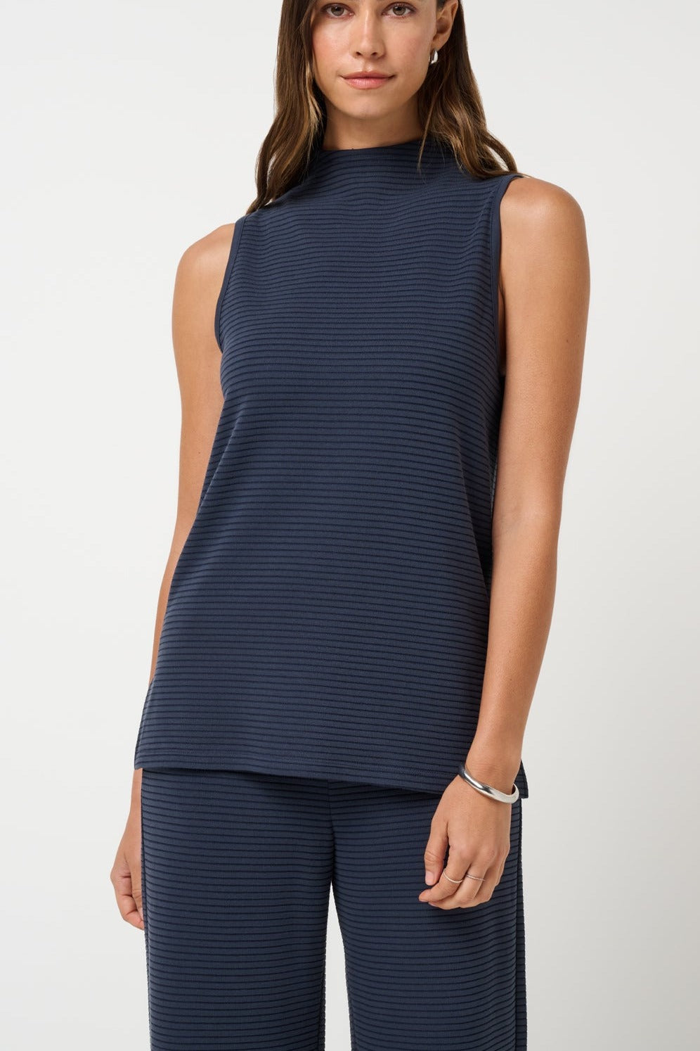 Coastal Rib Mock Neck Top in Navy Blazer, front view