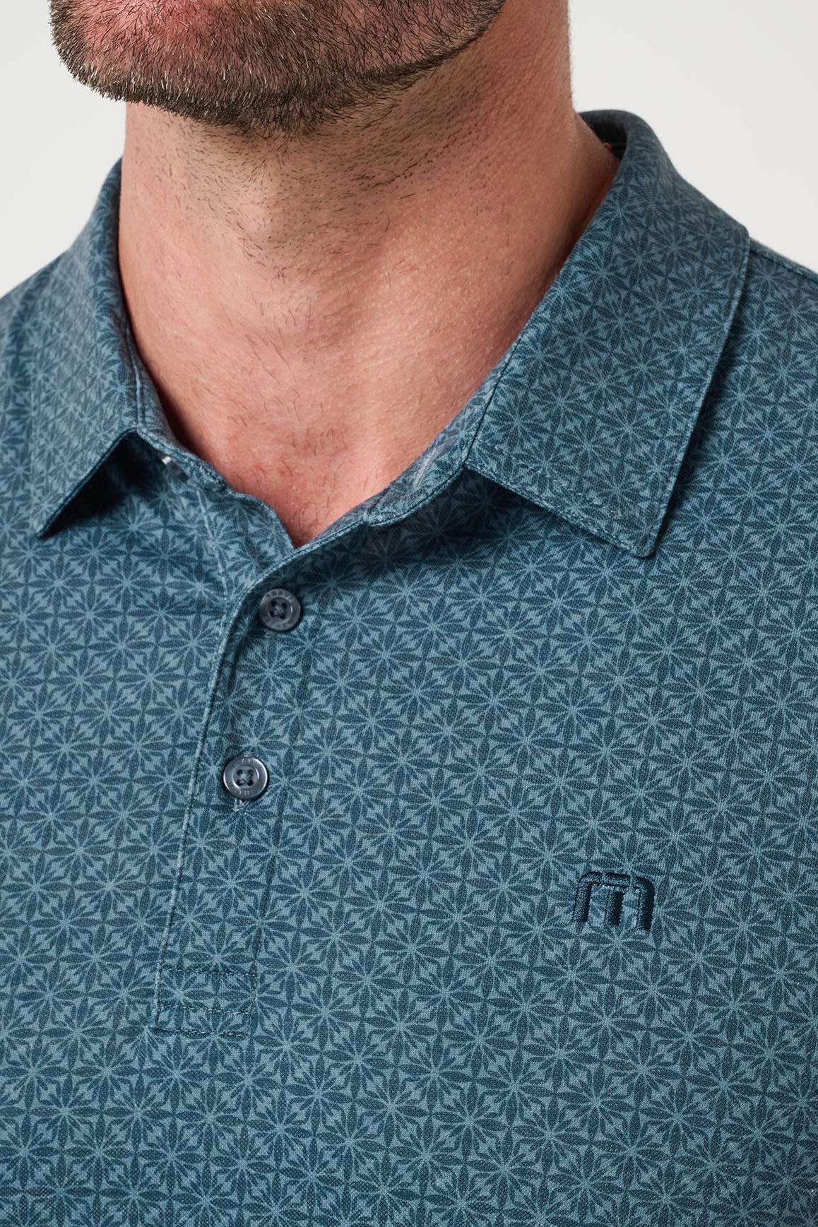 Travis Mathew Featherweight Flair Polo in Aegean, collar detail