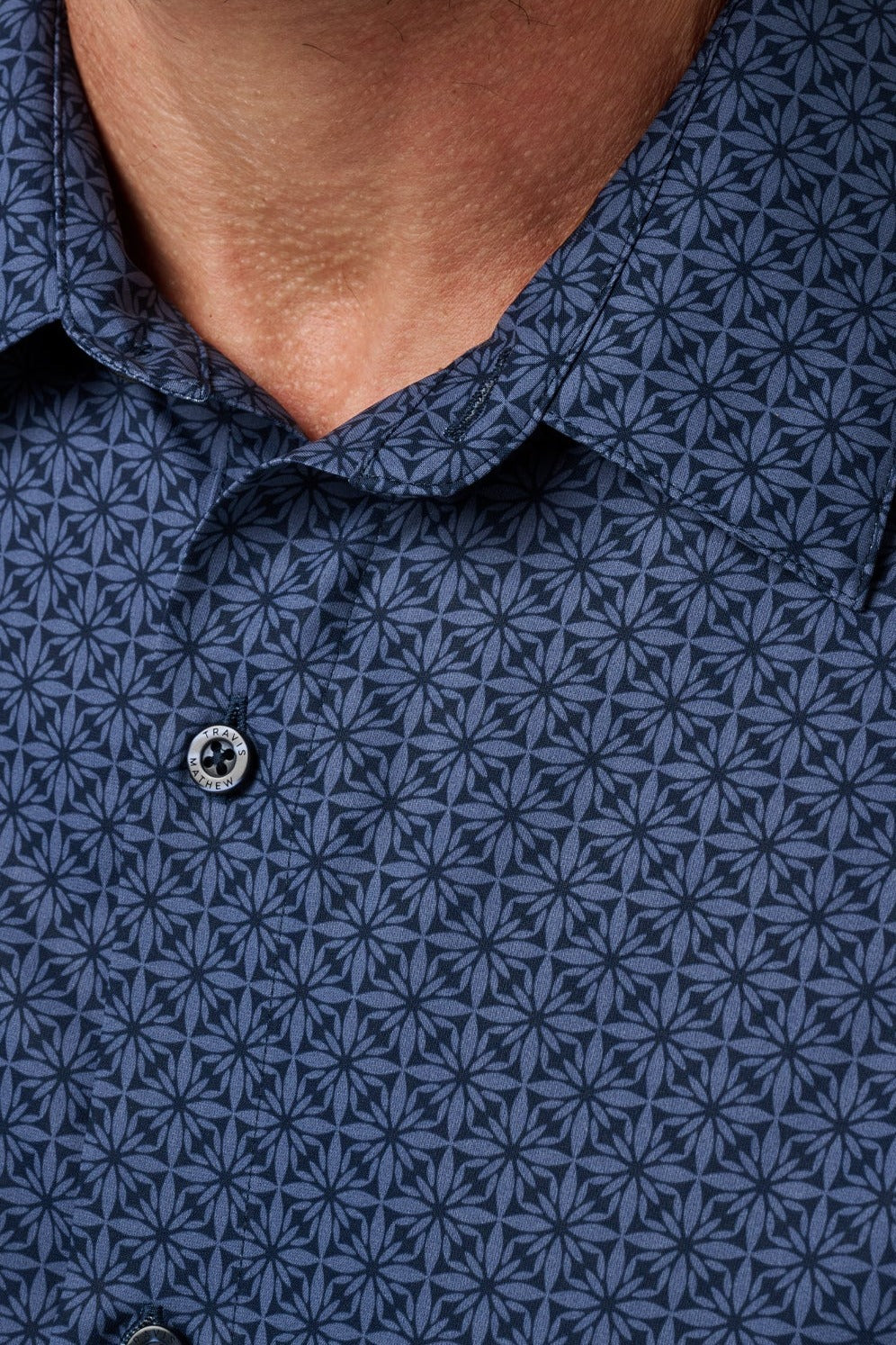 Travis Mathew Techwoven Flair Button-Up in Total Eclipse, detail view