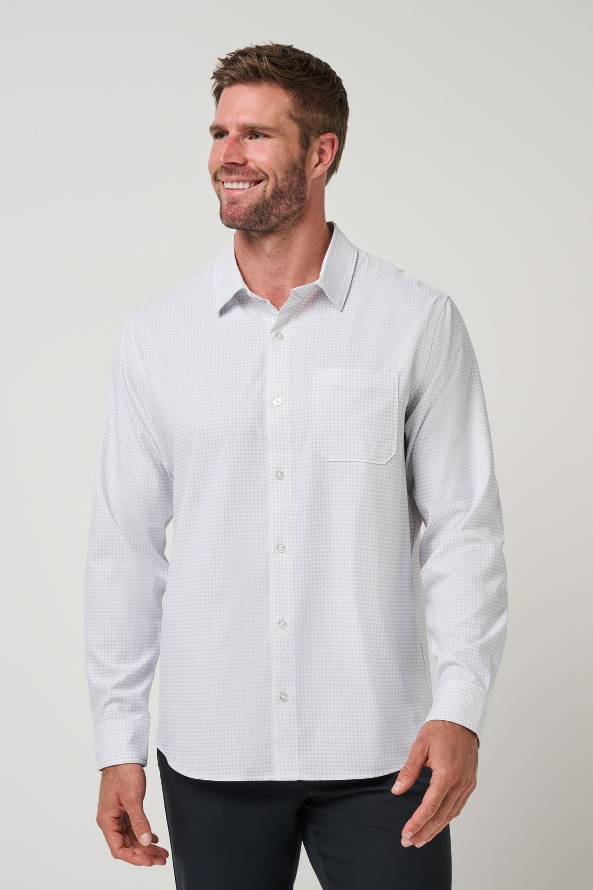 Travis Mathew Techwoven Cross Check Button-Up in White, front view