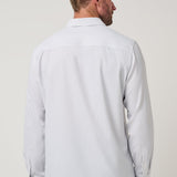 Travis Mathew Techwoven Cross Check Button-Up in White, back view showing curved hem