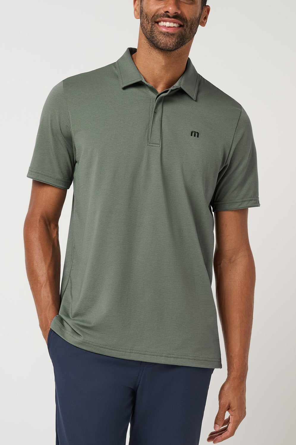 Travis Mathew Heater Series Jersey Polo in Balsam Green, front view