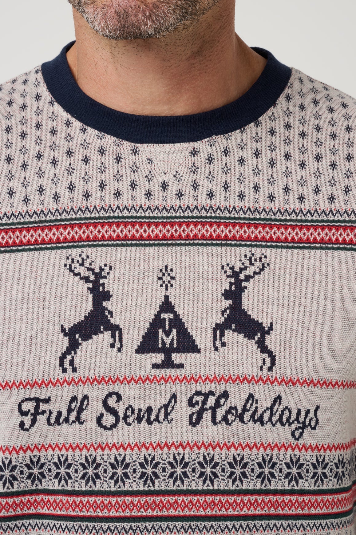 Winter Bliss Pullover reindeer and Full Send Holidays knit detail