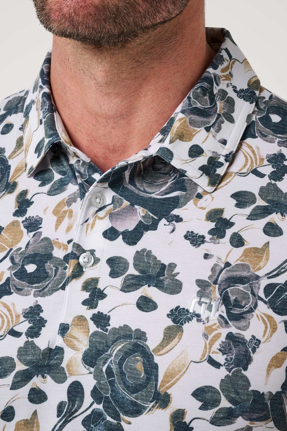 Featherweight Villa Polo in White, floral print detail