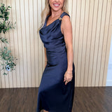 Odette Crinkle Satin Cowl Neck Midi Dress