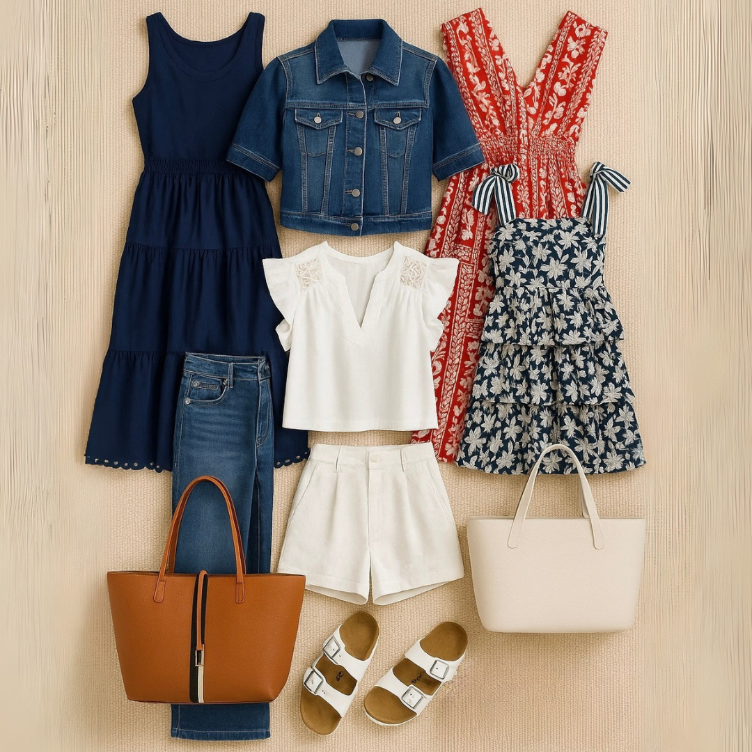 Collection of clothing and accessories including dresses, a jacket, shorts, sandals, and handbags on a beige background.