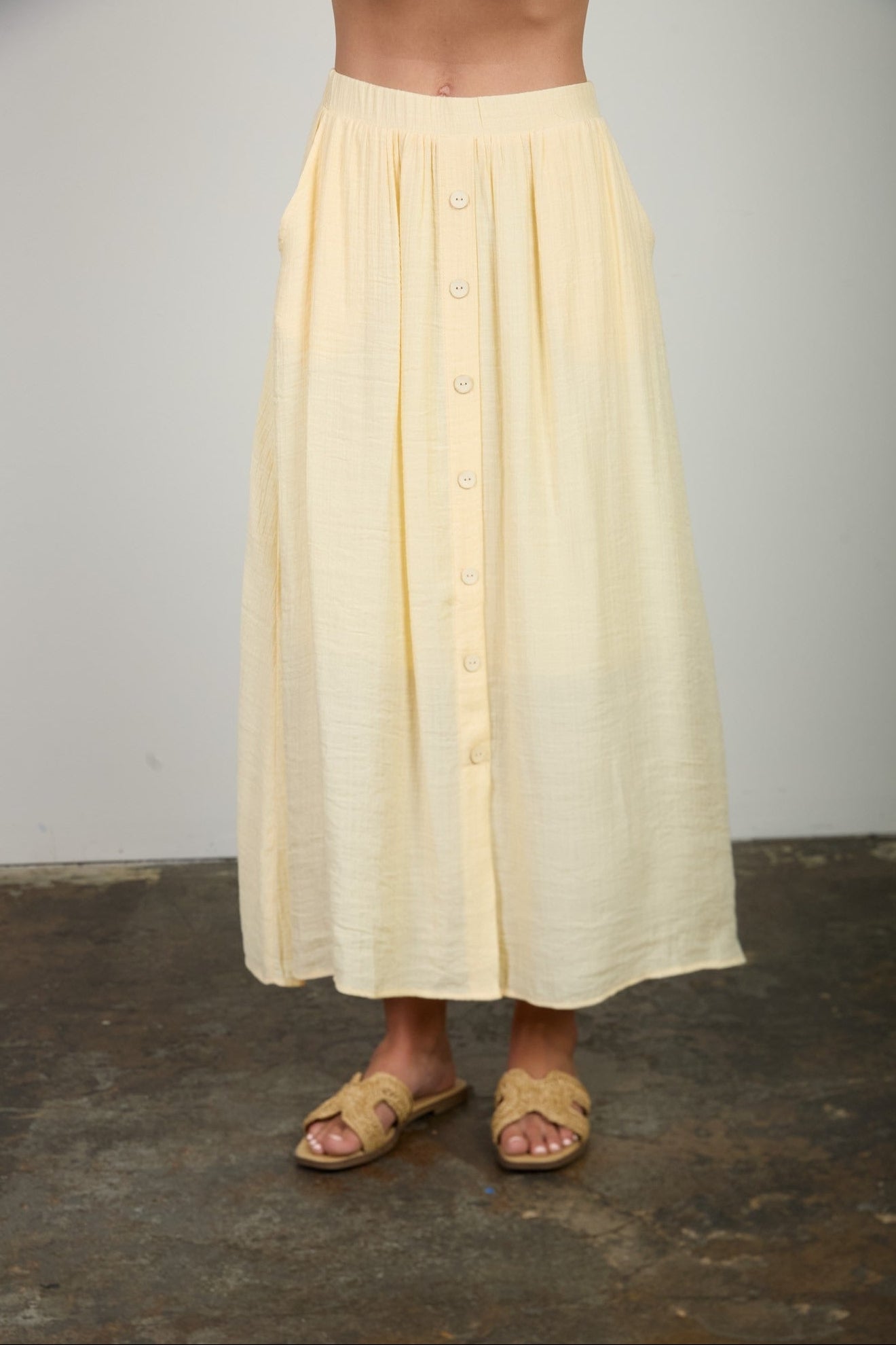 Textured Button-Front Midi Skirt - Butter Yellow