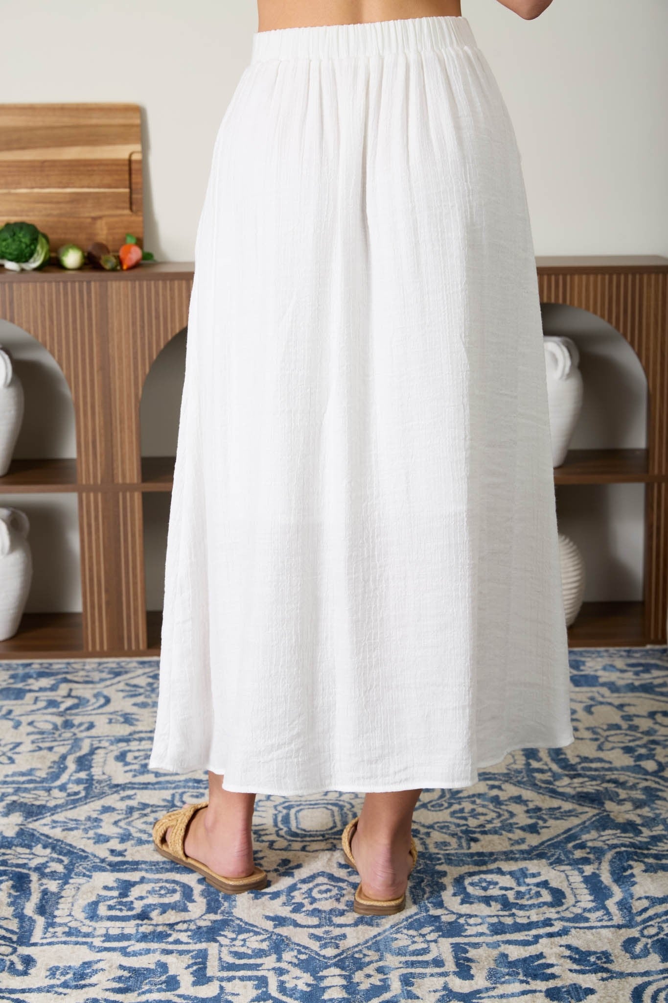 Textured Button-Front Midi Skirt - White