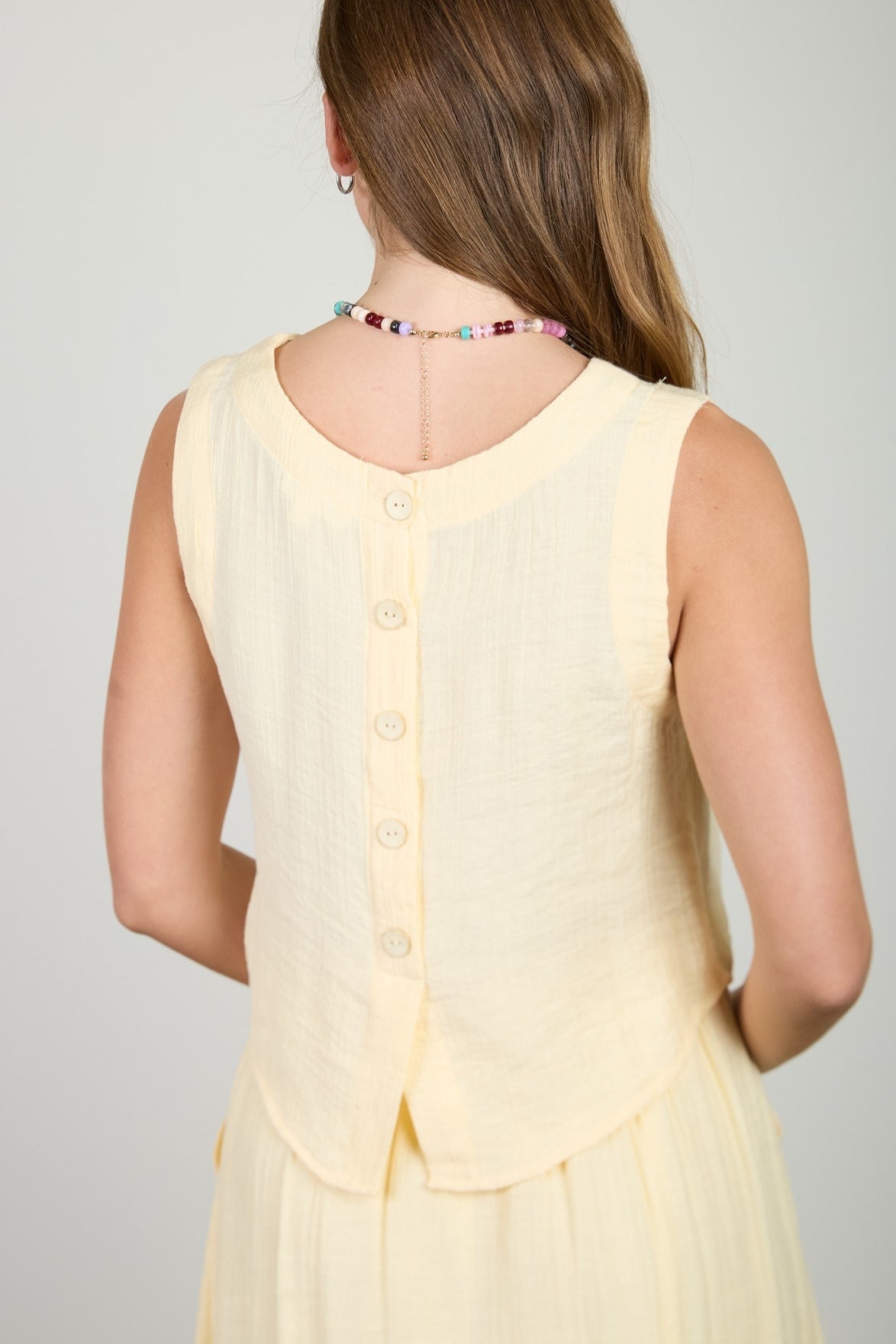 Textured Sleeveless Back Button Detail Top - Butter Yellow