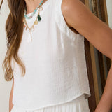 Textured Sleeveless Back Button Detail Top - White