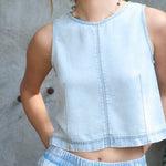 Round Neck Sleeveless Cropped Washed Denim Top - Denim