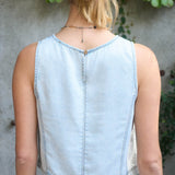 Round Neck Sleeveless Cropped Washed Denim Top - Denim