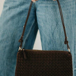 Suede Harper Hobo Shoulder Bag in Black worn on the shoulder