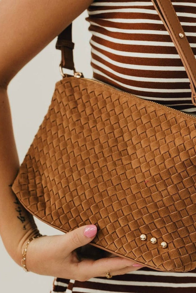 Suede Harper Hobo Shoulder Bag in Camel woven suede detail