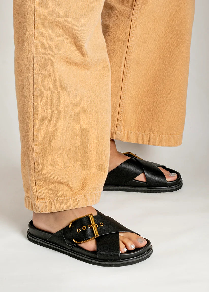 Barb Buckle Slide Sandal in Black