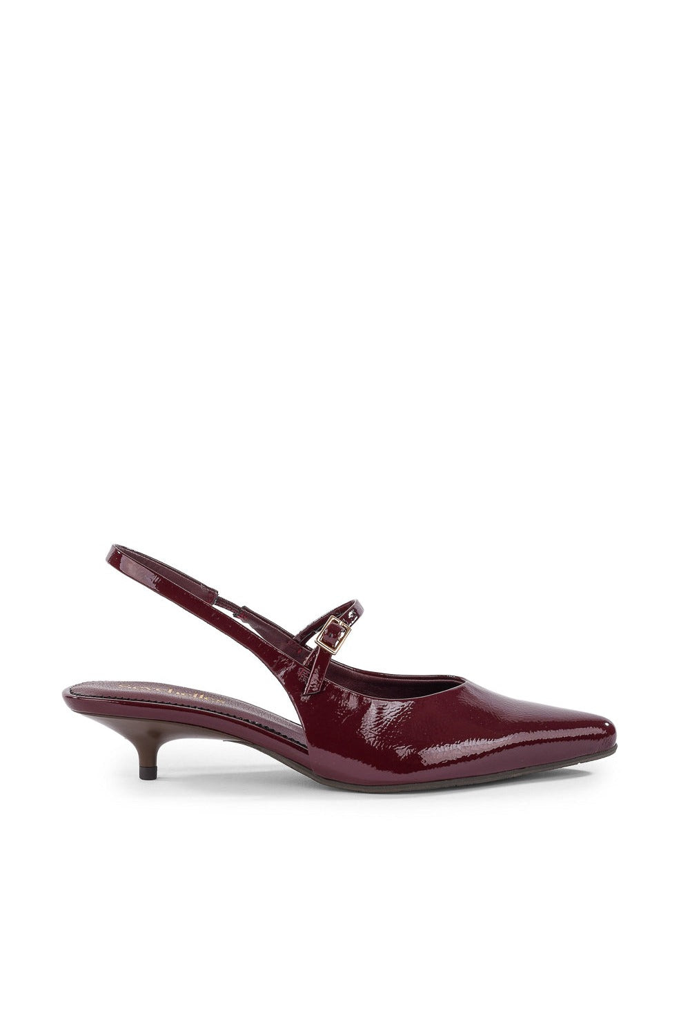Big Screen Heel in burgundy crinkle patent, side view