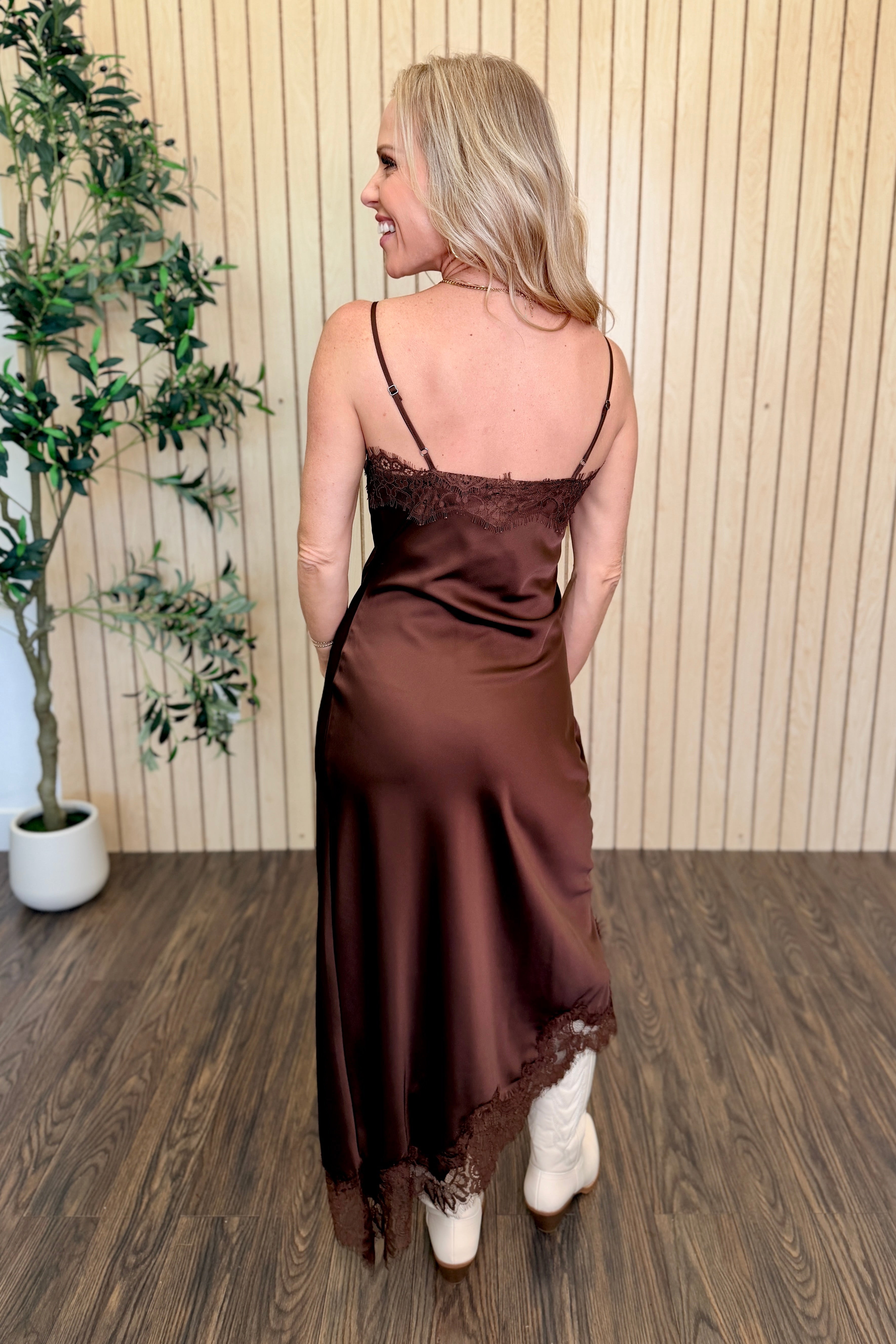 Marlowe Satin Lace V-Neck Midi Dress