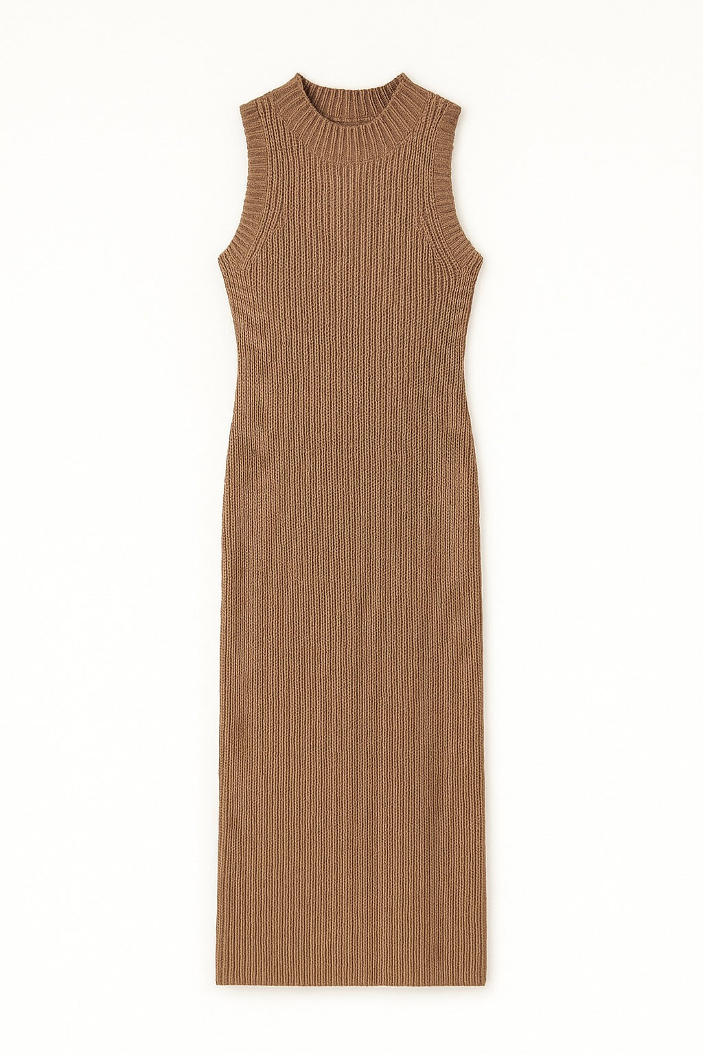 Brown ribbed sleeveless dress on a white background