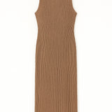 Brown ribbed sleeveless dress on a white background
