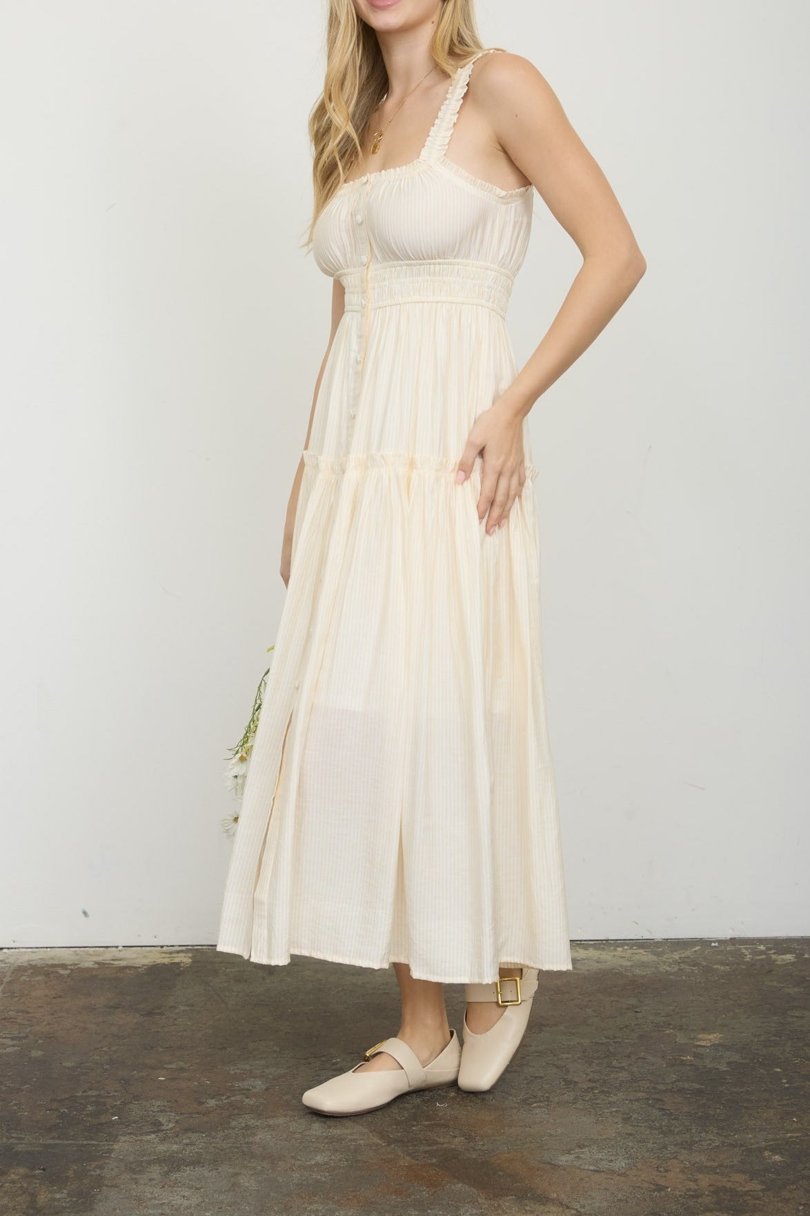 Stripe Mock Button Sleeveless Midi Sundress - Butter Yellow