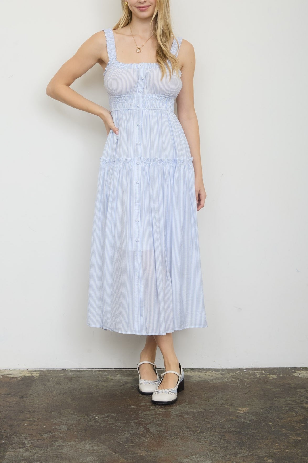 Stripe Mock Button Sleeveless Midi Sundress - Light Blue