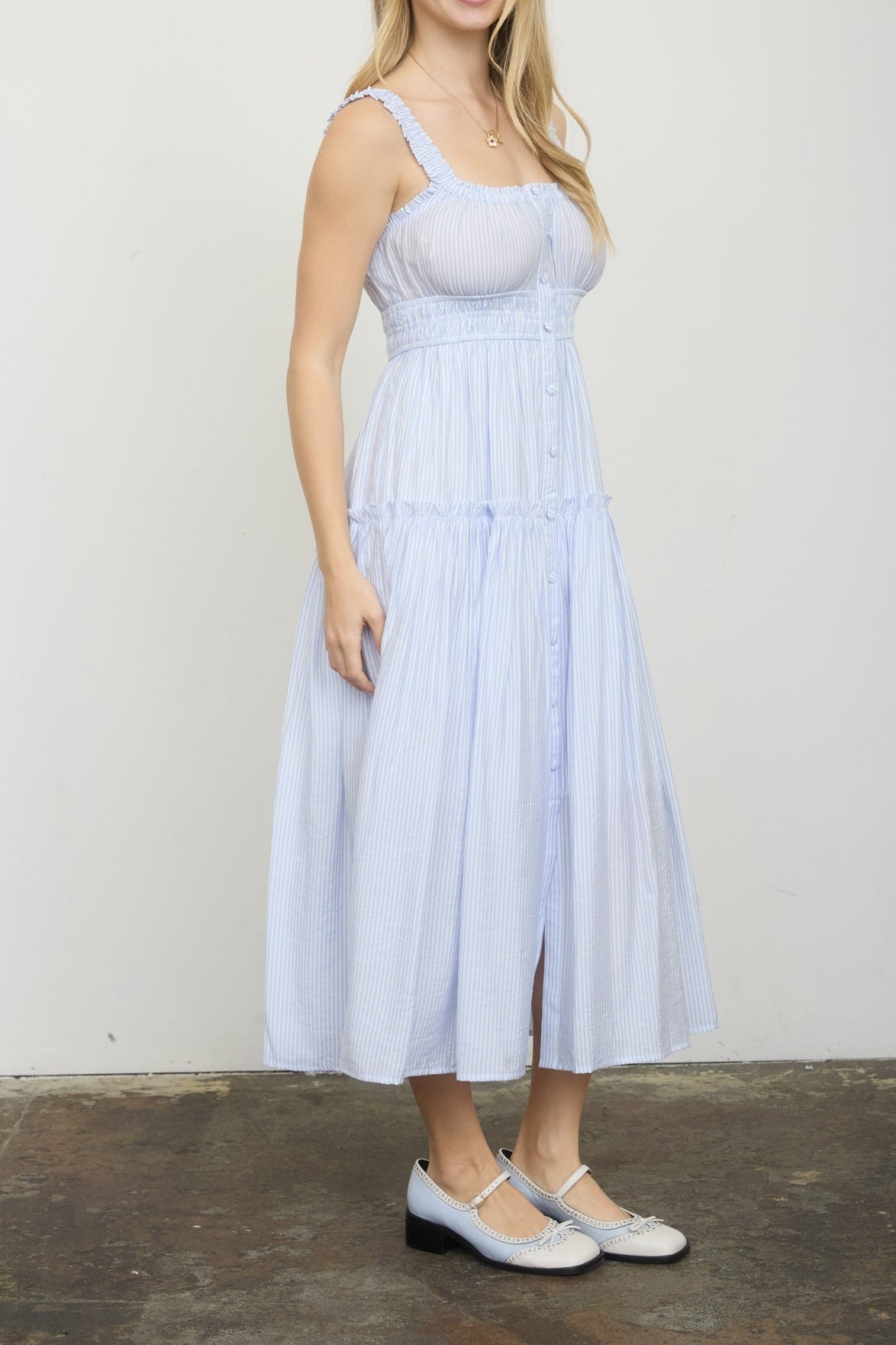 Stripe Mock Button Sleeveless Midi Sundress - Light Blue