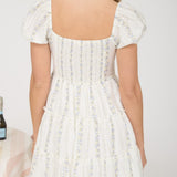 Stripe Floral Puff Sleeve Tiered Mini Dress - Blue Multi