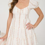 Stripe Floral Puff Sleeve Tiered Mini Dress - Pink Multi