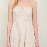 Stripe Strapless Front Tie Detail Mini Dress - Light Khaki