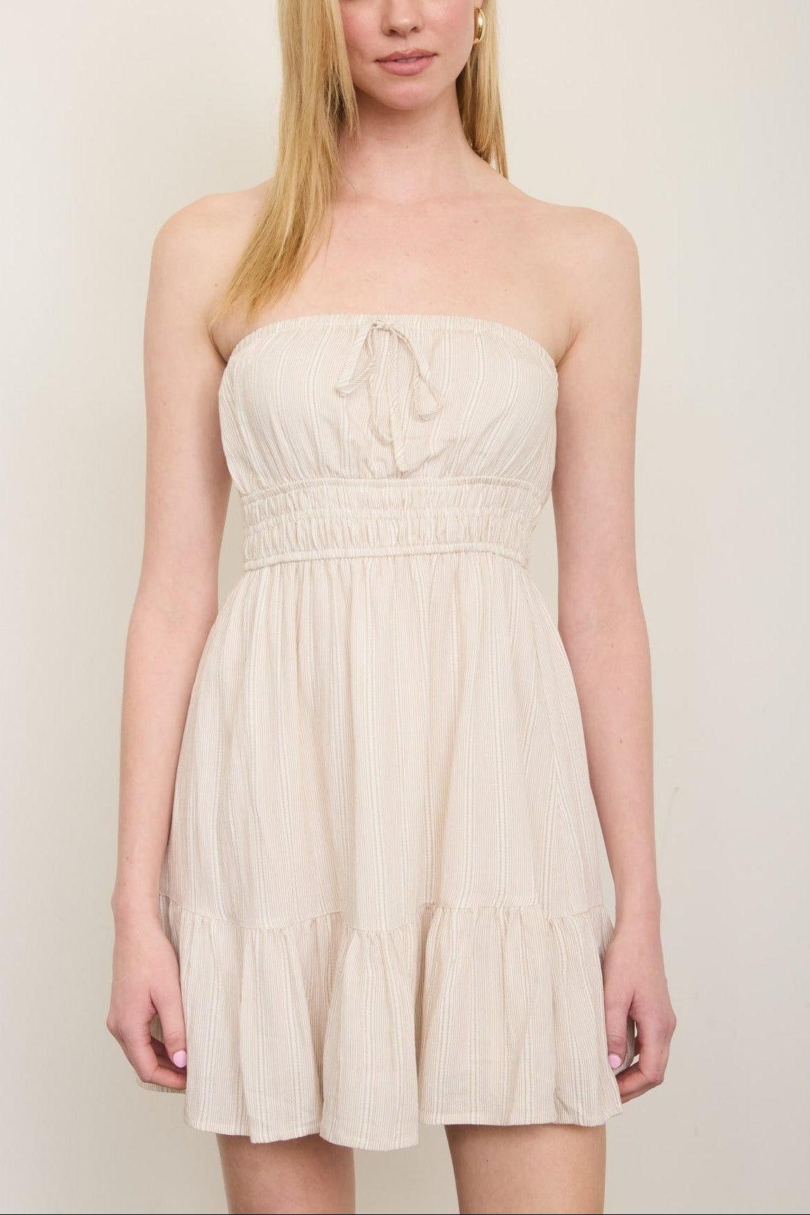 Stripe Strapless Front Tie Detail Mini Dress - Light Khaki