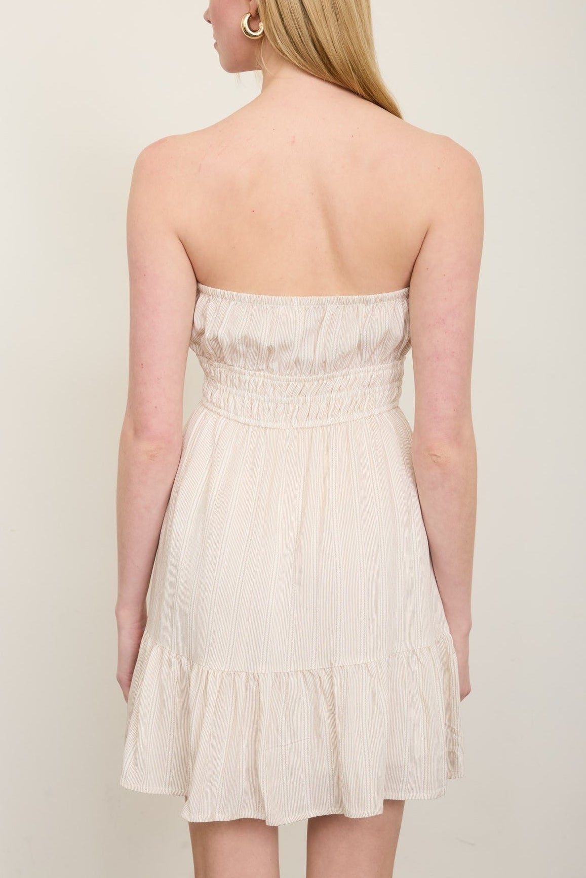 Stripe Strapless Front Tie Detail Mini Dress - Light Khaki