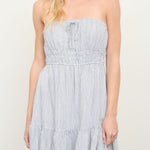 Stripe Strapless Front Tie Detail Mini Dress - Navy