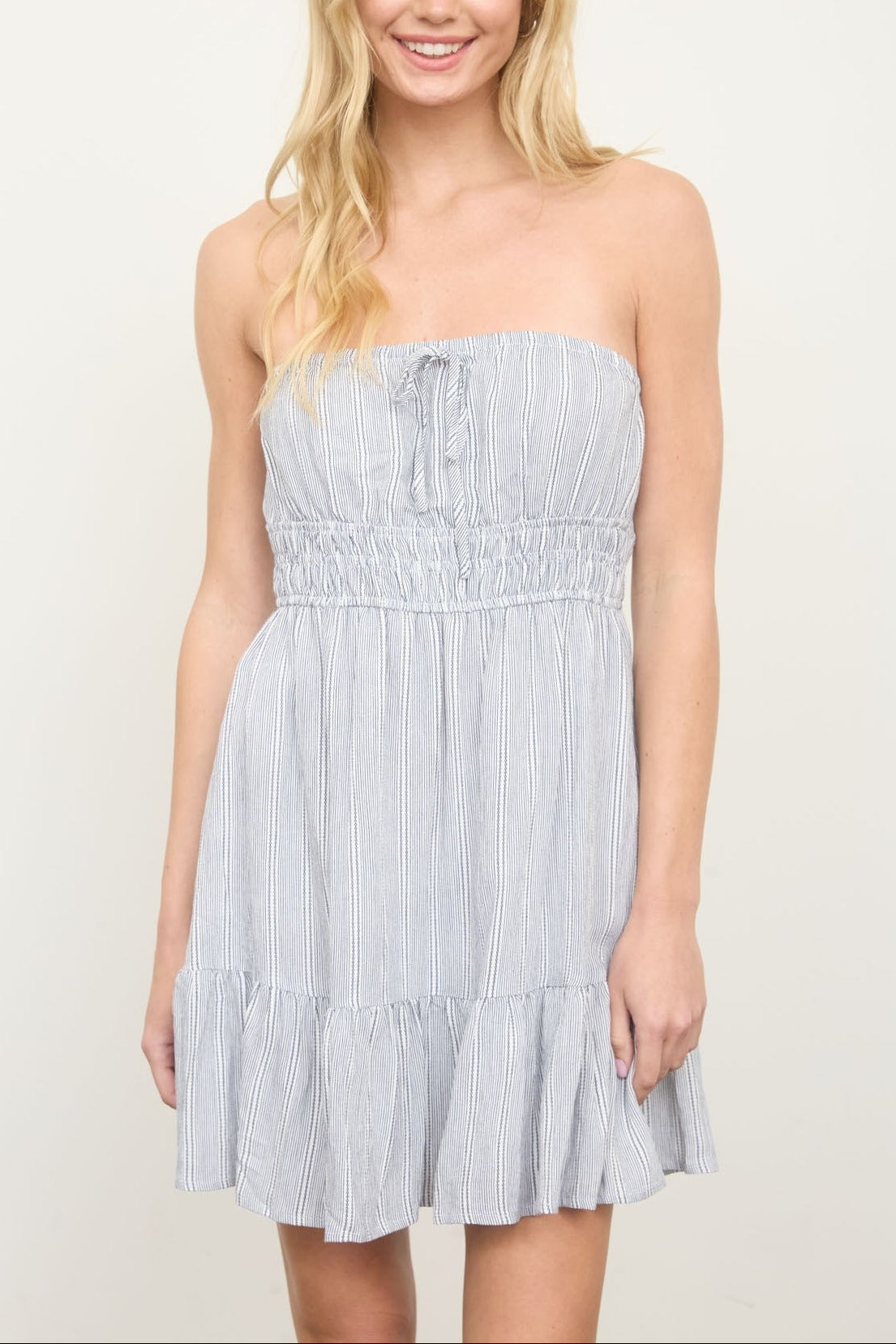 Stripe Strapless Front Tie Detail Mini Dress - Navy