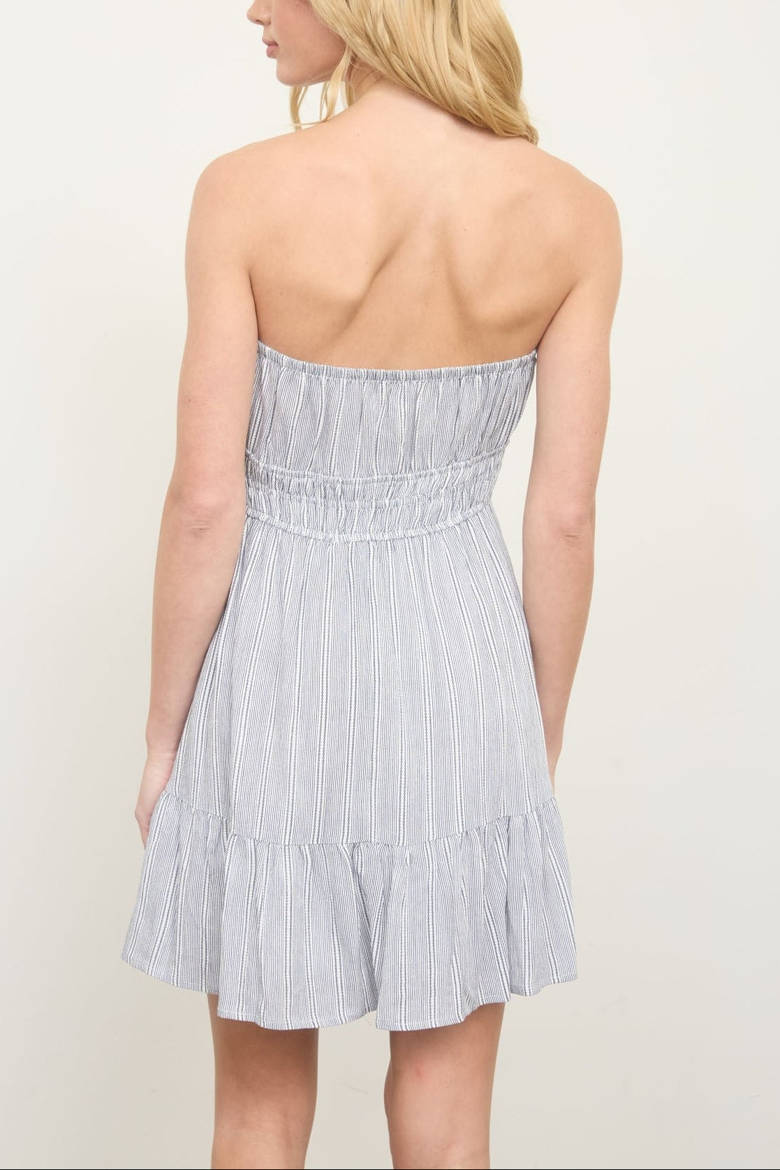 Stripe Strapless Front Tie Detail Mini Dress - Navy