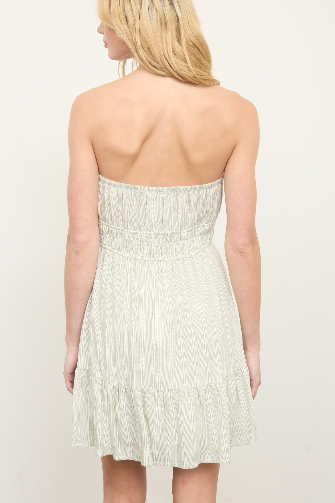 Stripe Strapless Front Tie Detail Mini Dress - Olive