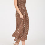 Polka Dot Smocked Basque Waist Midi Dress - Brown