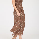 Polka Dot Smocked Basque Waist Midi Dress - Brown