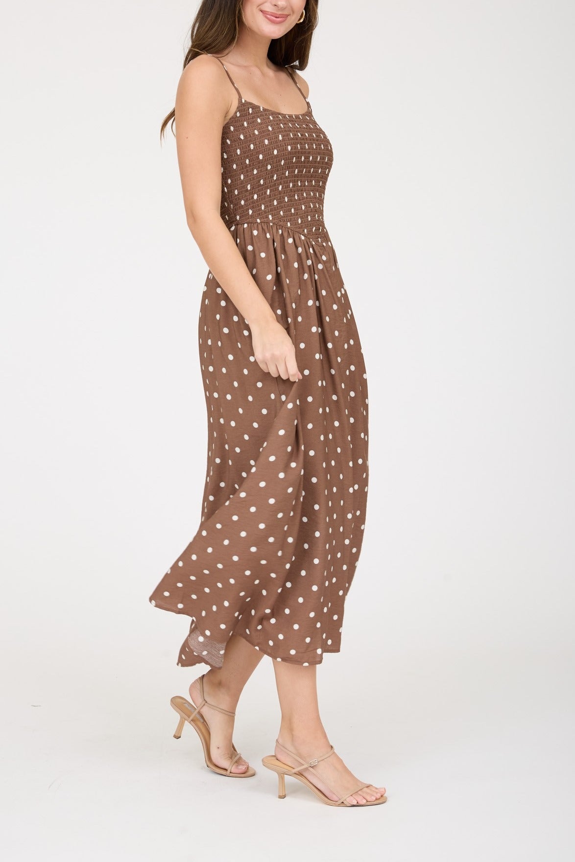 Polka Dot Smocked Basque Waist Midi Dress - Brown