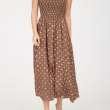 Polka Dot Smocked Basque Waist Midi Dress - Brown
